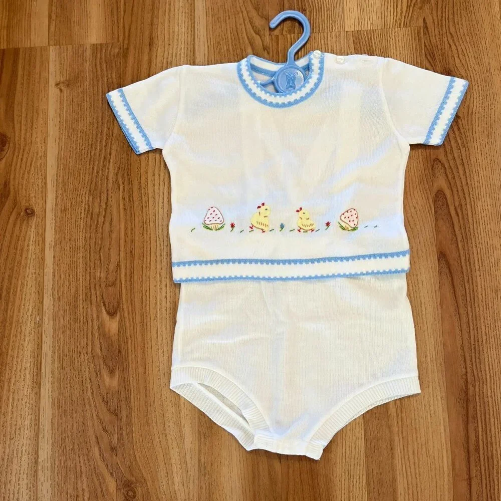 Vintage Retro Baby Soft Knit 2-Piece Embroider Romper Set Sz 12Months